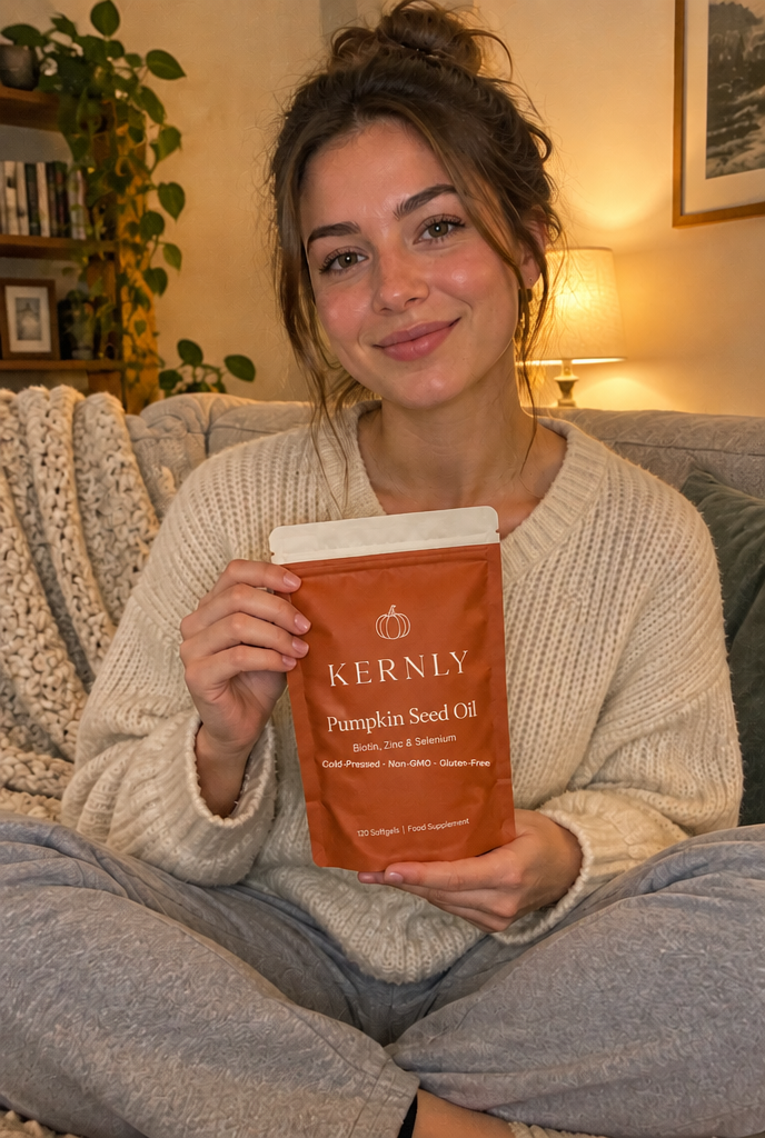 Woman on the sofa holding a Kernly pouch