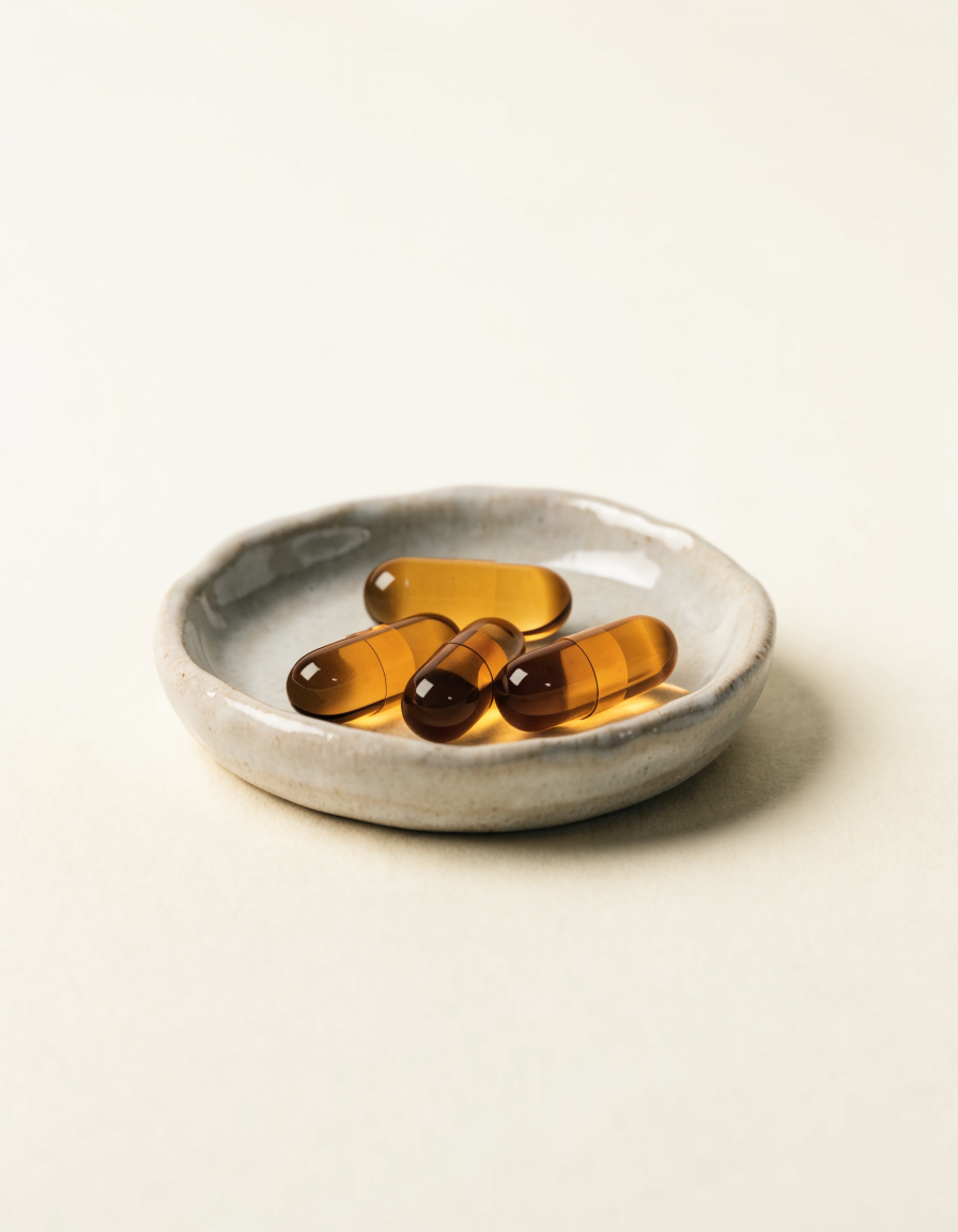 Amber softgels in a ceramic dish