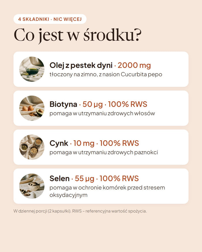 Skład Kernly: olej z pestek dyni, biotyna, cynk i selen
